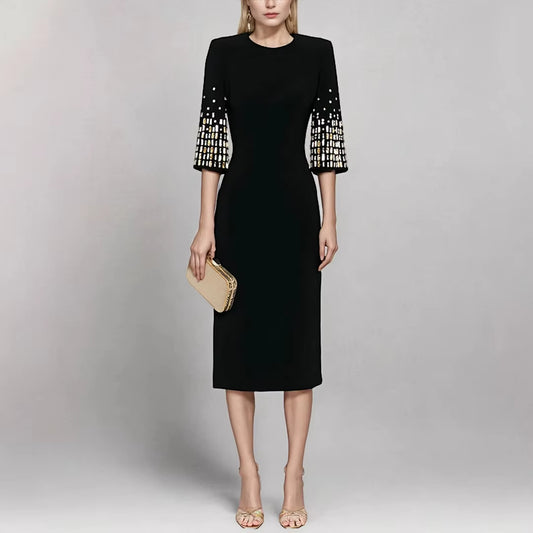 Fashion Beaded Rhinestones Mid-Length Sleeve Formal Evening Dress Women Elegant Luxury Expensive Occasion Midi Bodycon Dresses