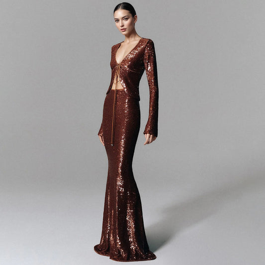 Wholesale Womens Clothing Brown Sequin Two Piece Set Deep V Neck Long Sleeve Crop Top Mermaid Maxi Skirt Evening Party Outfit