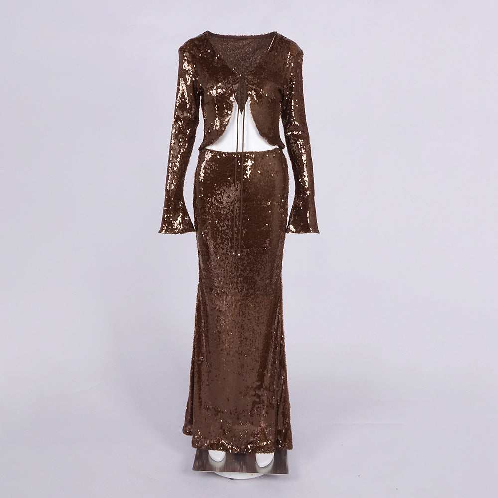 Wholesale Womens Clothing Brown Sequin Two Piece Set Deep V Neck Long Sleeve Crop Top Mermaid Maxi Skirt Evening Party Outfit