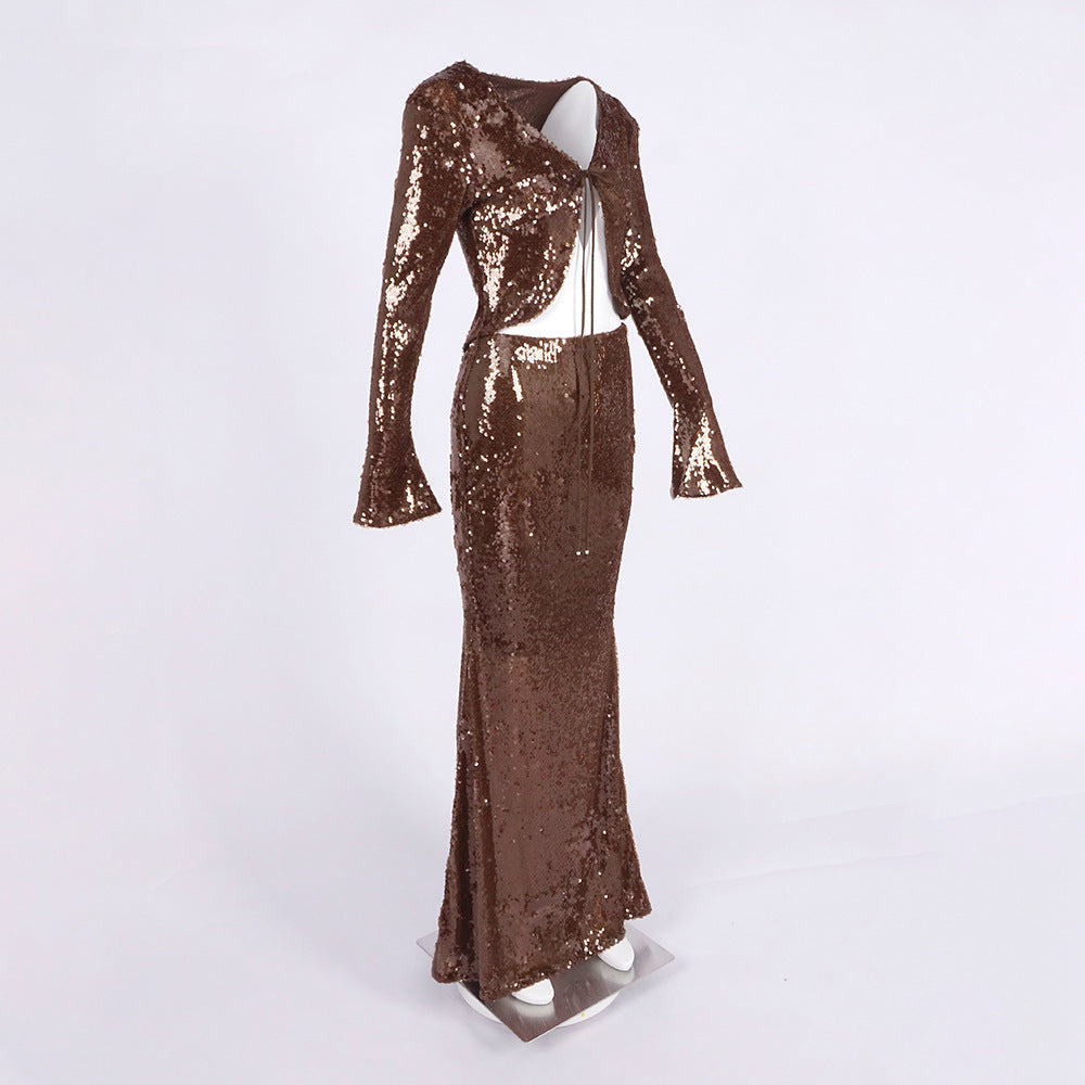 Wholesale Womens Clothing Brown Sequin Two Piece Set Deep V Neck Long Sleeve Crop Top Mermaid Maxi Skirt Evening Party Outfit