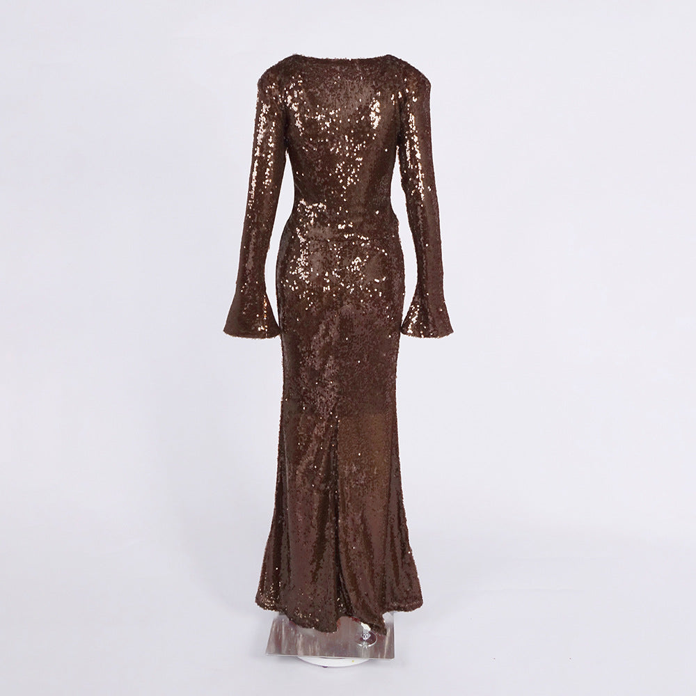 Wholesale Womens Clothing Brown Sequin Two Piece Set Deep V Neck Long Sleeve Crop Top Mermaid Maxi Skirt Evening Party Outfit