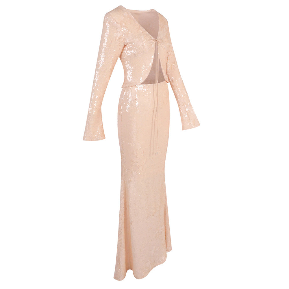 Wholesale Womens Clothing Brown Sequin Two Piece Set Deep V Neck Long Sleeve Crop Top Mermaid Maxi Skirt Evening Party Outfit