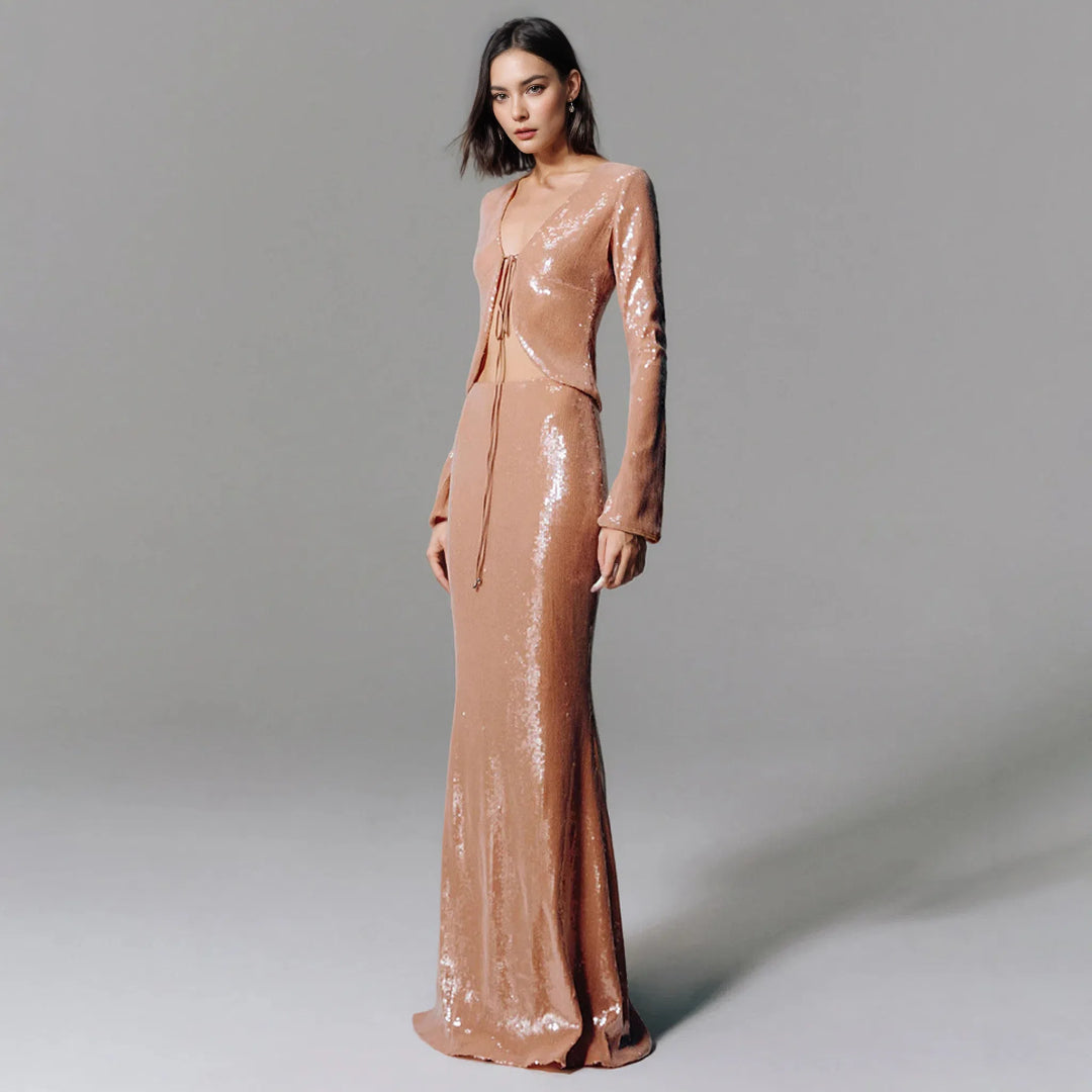 Wholesale Womens Clothing Brown Sequin Two Piece Set Deep V Neck Long Sleeve Crop Top Mermaid Maxi Skirt Evening Party Outfit