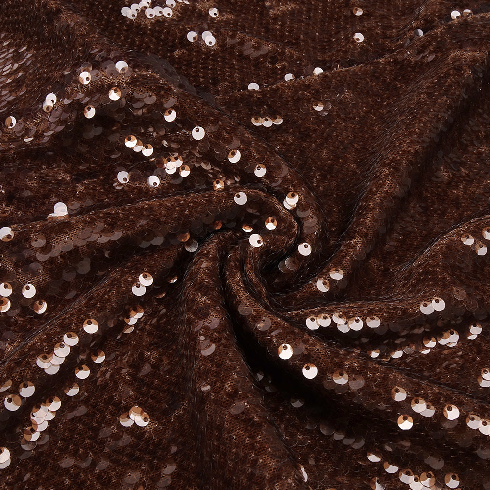 Wholesale Womens Clothing Brown Sequin Two Piece Set Deep V Neck Long Sleeve Crop Top Mermaid Maxi Skirt Evening Party Outfit