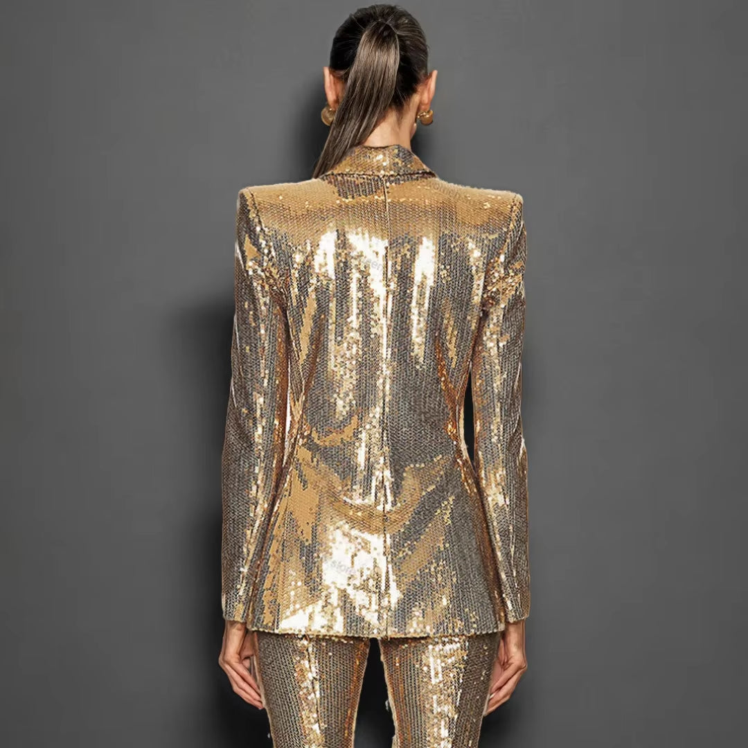 Fashionable Long Sleeve Blouse and Pant 2 Piece Set Conjuntos De Mujer Womens Suits Luxury Golden Sequin Blazer Set for Women