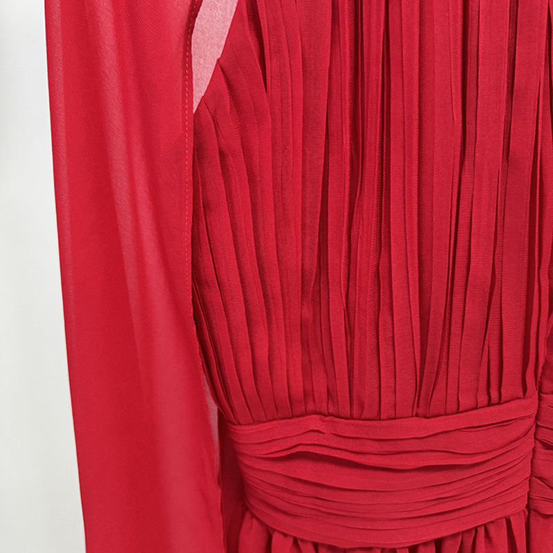 Red Cape Flowy Evening Gown
