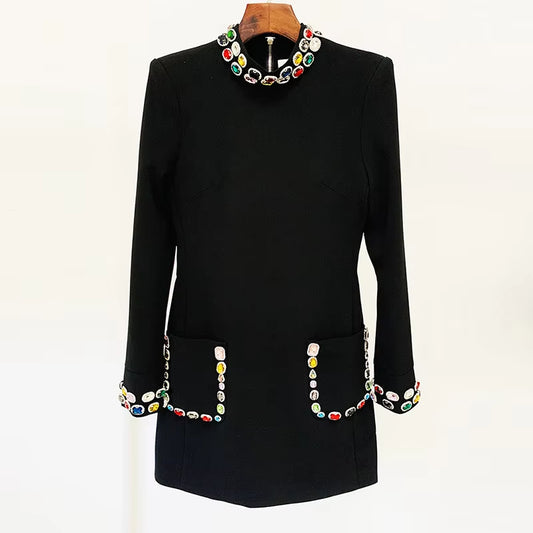 Long-sleeved Black Mini Dress Beaded Rhinestone Colorful Gemstone Elegant Gowns Luxury Evening Dresses for Women