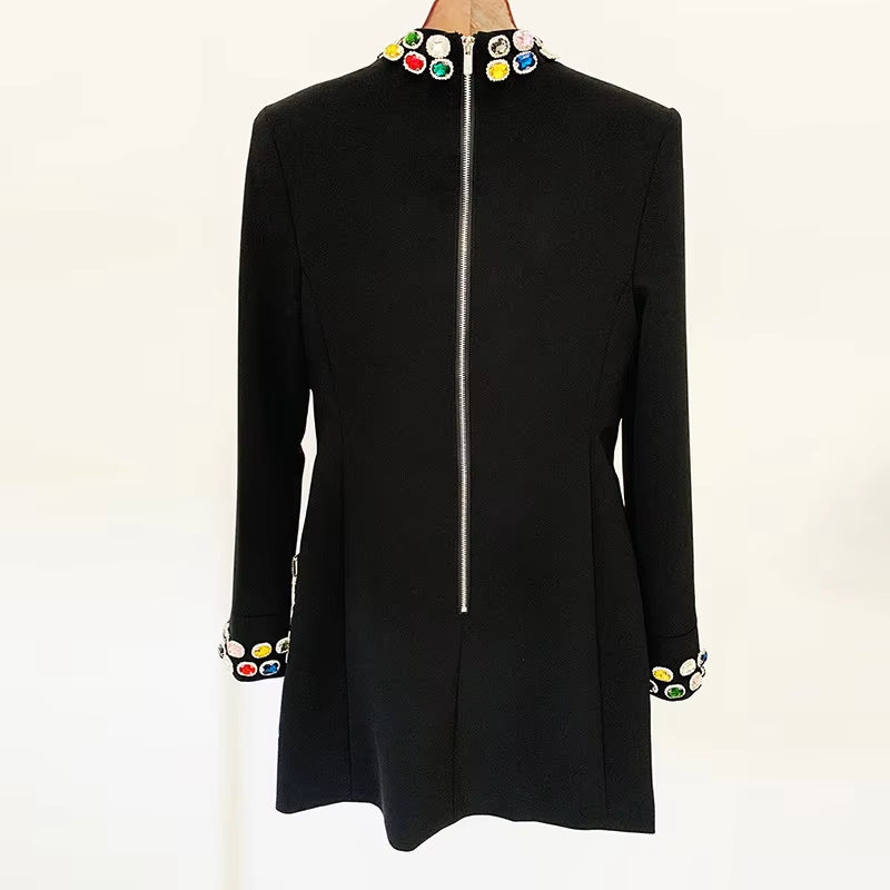 Long-sleeved Black Mini Dress Beaded Rhinestone Colorful Gemstone Elegant Gowns Luxury Evening Dresses for Women