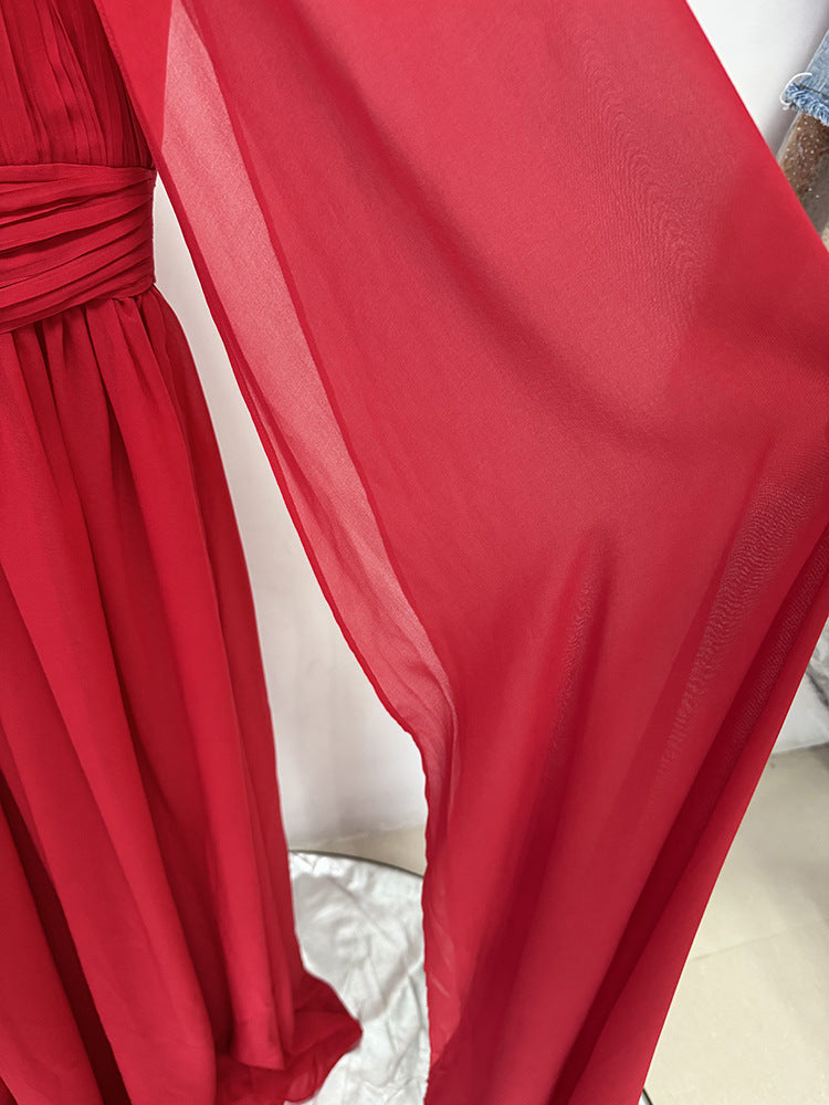 Red Cape Flowy Evening Gown