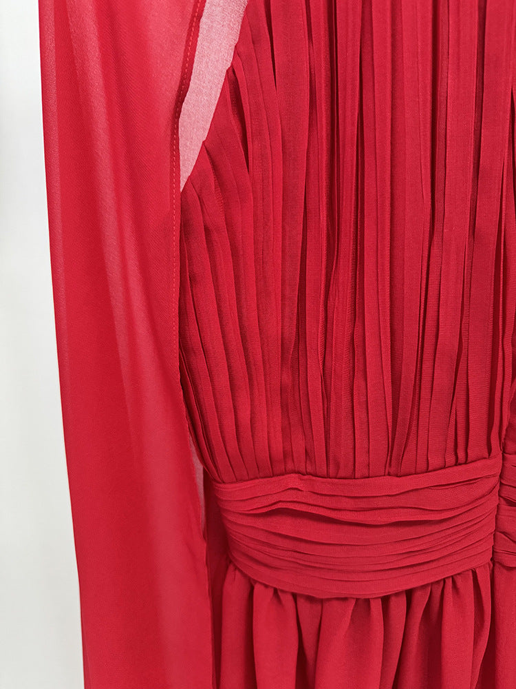 Red Cape Flowy Evening Gown