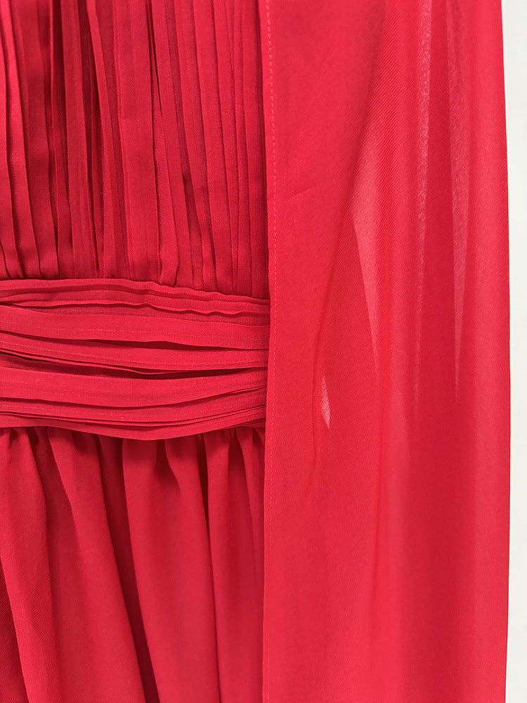 Red Cape Flowy Evening Gown