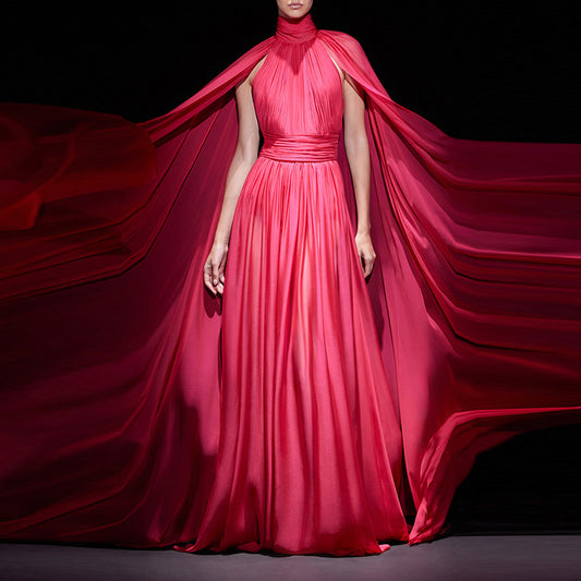 Red Cape Flowy Evening Gown