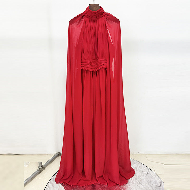 Red Cape Flowy Evening Gown