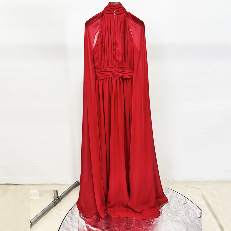 Red Cape Flowy Evening Gown