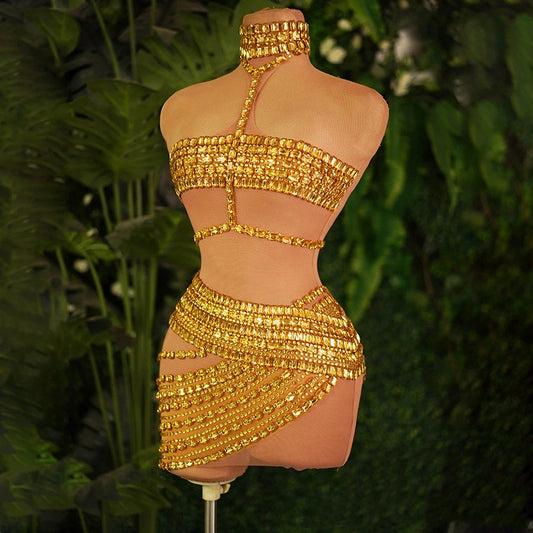 Luxury Gold Rhinestone Stage Outfit Bodycon Mini Dress