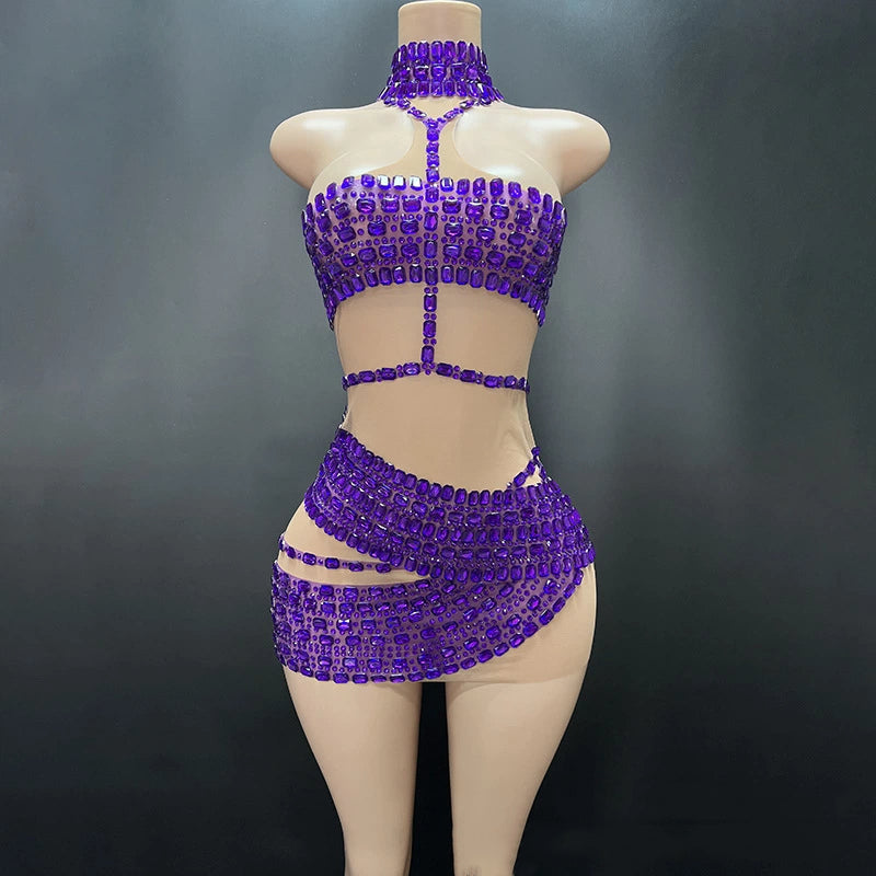 Luxury Gold Rhinestone Stage Outfit Bodycon Mini Dress