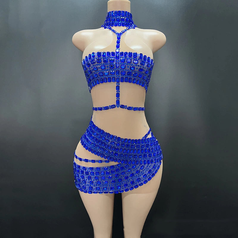 Luxury Gold Rhinestone Stage Outfit Bodycon Mini Dress