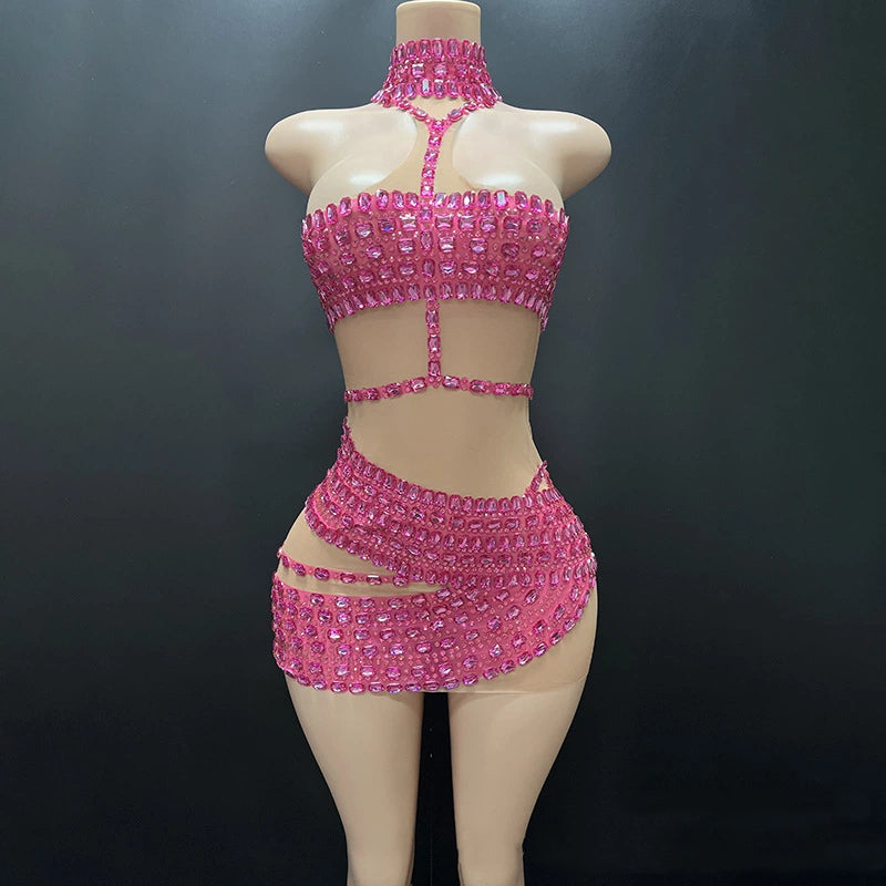 Luxury Gold Rhinestone Stage Outfit Bodycon Mini Dress