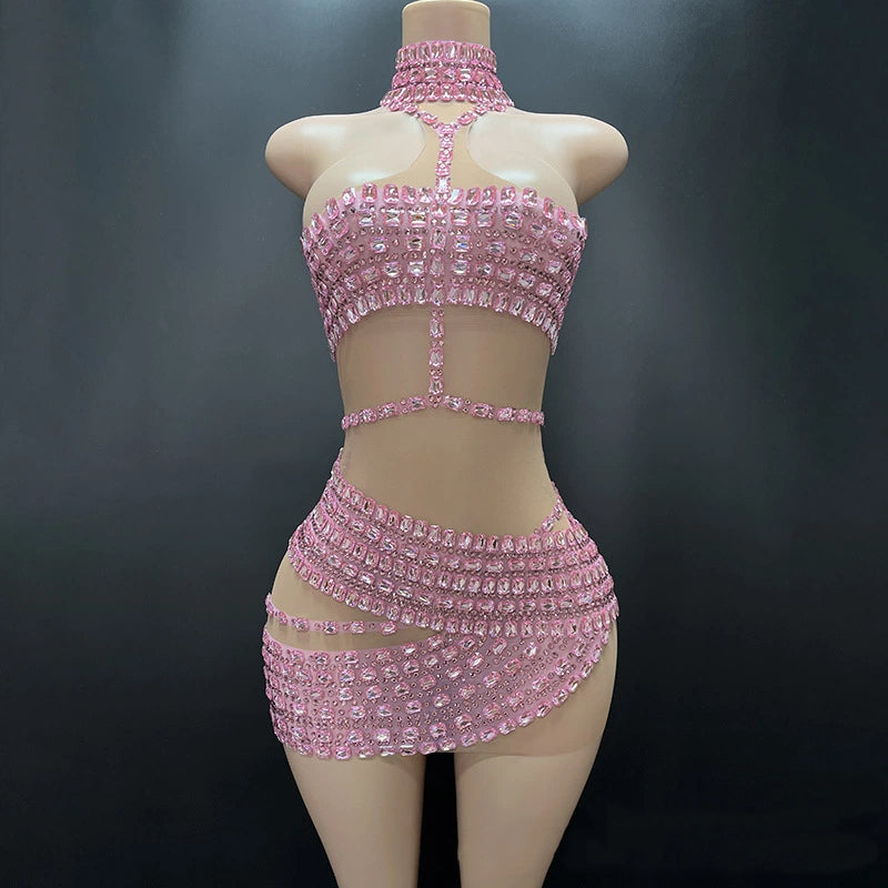 Luxury Gold Rhinestone Stage Outfit Bodycon Mini Dress