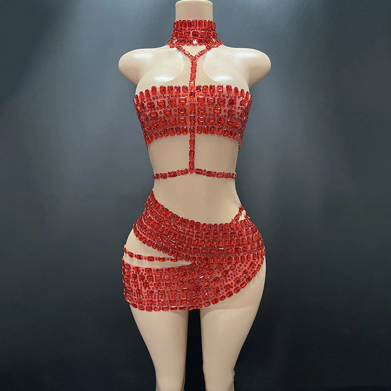 Luxury Gold Rhinestone Stage Outfit Bodycon Mini Dress