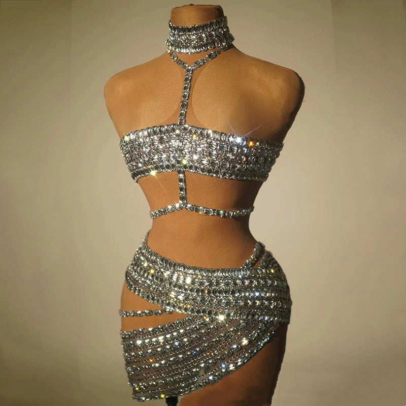 Luxury Gold Rhinestone Stage Outfit Bodycon Mini Dress