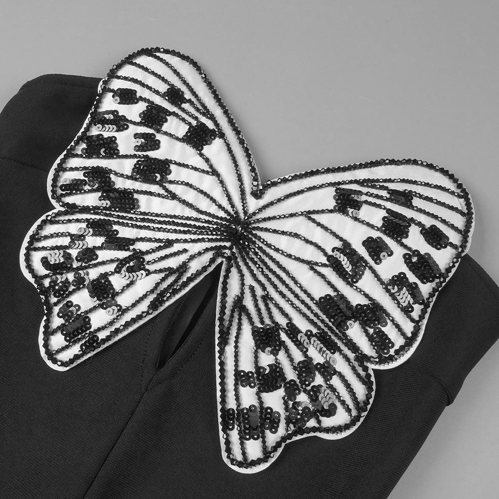 Black and White Strapless Mini Cocktail Dress Beaded Embroidered Butterfly Club Prom Dresses Semi Formal Party Outfit