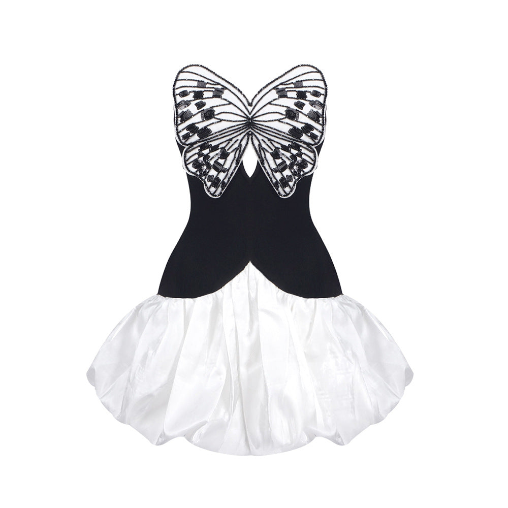 Black and White Strapless Mini Cocktail Dress Beaded Embroidered Butterfly Club Prom Dresses Semi Formal Party Outfit