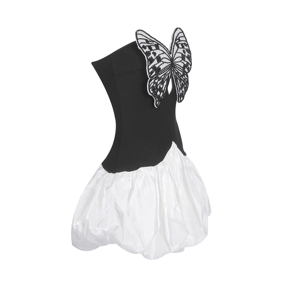 Black and White Strapless Mini Cocktail Dress Beaded Embroidered Butterfly Club Prom Dresses Semi Formal Party Outfit