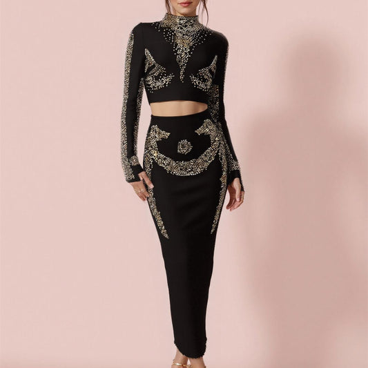 Long Sleeve Crop Top and Midi Skirt Black Two Piece Set With Gold Diamond