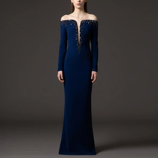 Luxury Womens Clothing Factory Trendy Dark Blue Off Shoulder Evening Dresses Long Sleeve Deep V Neck Rhinestone Maxi Party Gown