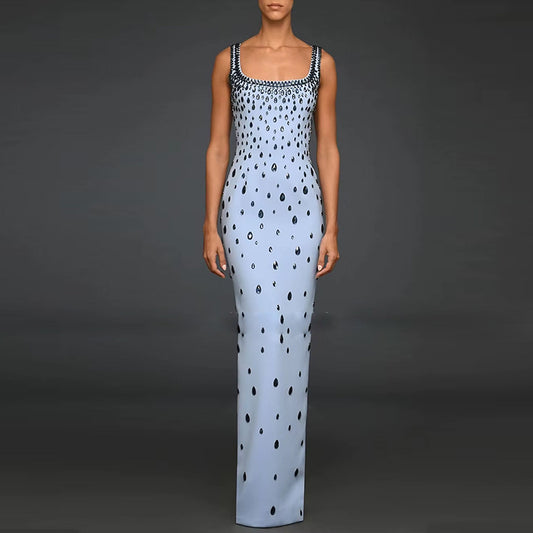 Elegant Women Light Blue U Neck Maxi Long Dress Luxury Sleeveless Water Drop Rhinestone Formal Evening Dresses Party Gown