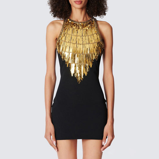 Gold Beaded Sequin Tassel Mini Dresses