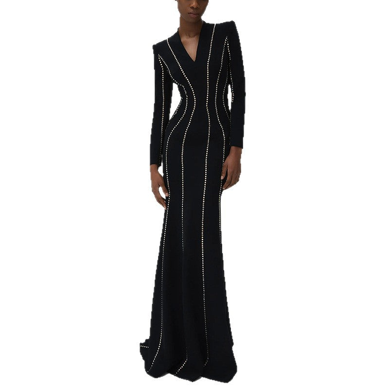 Black Evening Dresses with Diamond Striped
