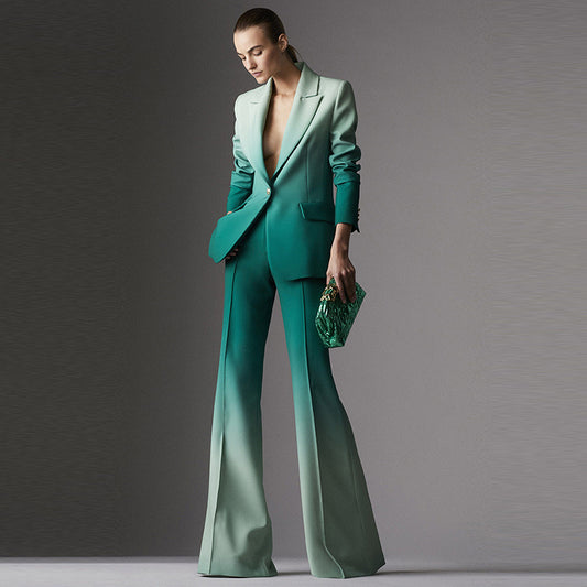 Gradient Green Women Two Piece Blazer Suit