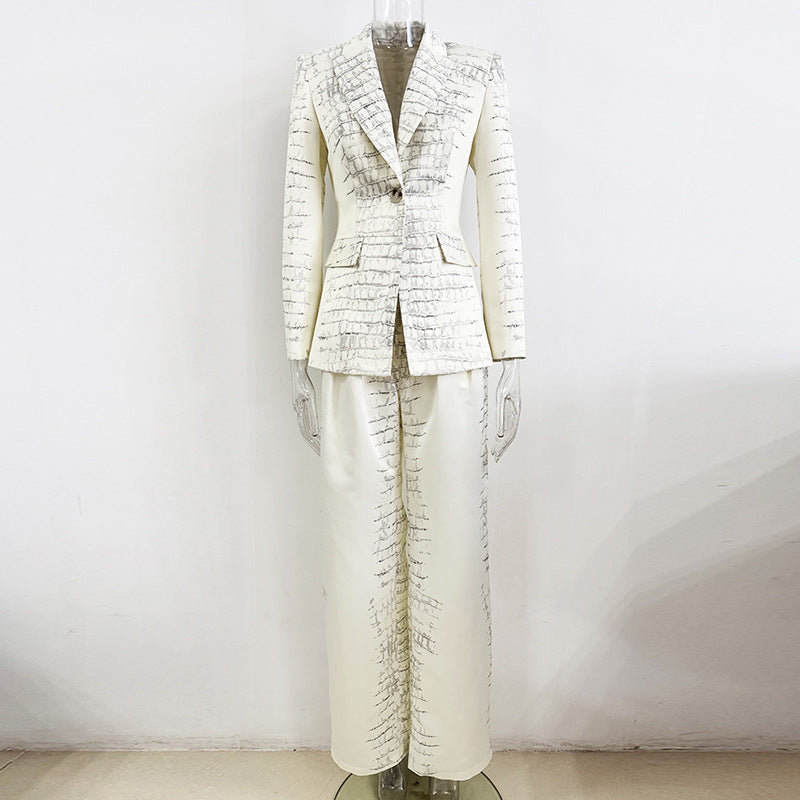 Crocodile Print Blazer Pants Women Two Piece Suit Set