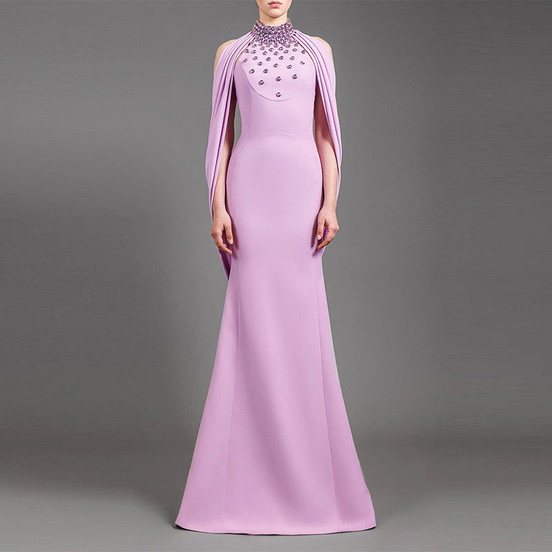 Crystal Halter Cape Sleeve Mermaid Maxi Evening Dresses