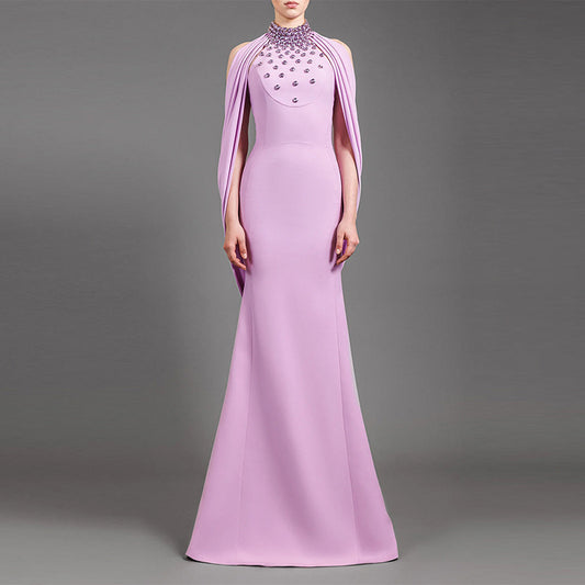 Crystal Halter Cape Sleeve Mermaid Maxi Evening Dresses