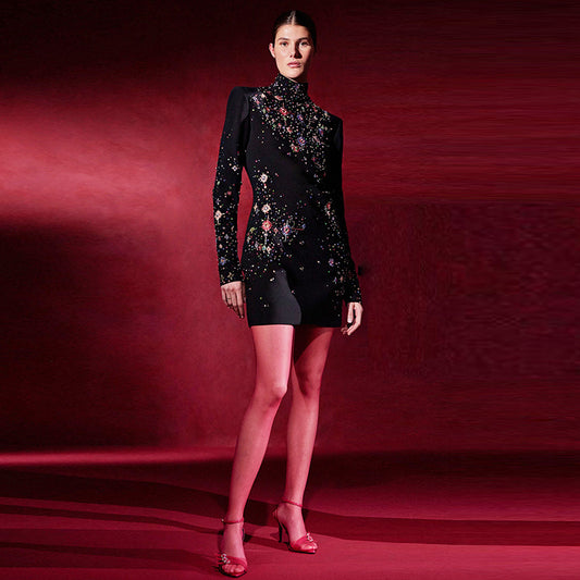 Sparkly Rhinestone High Neck Long Sleeve Bodycon Mini Dress