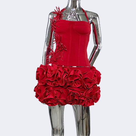 Two Piece Halter Corset and 3D Floral Mini Skirt Set