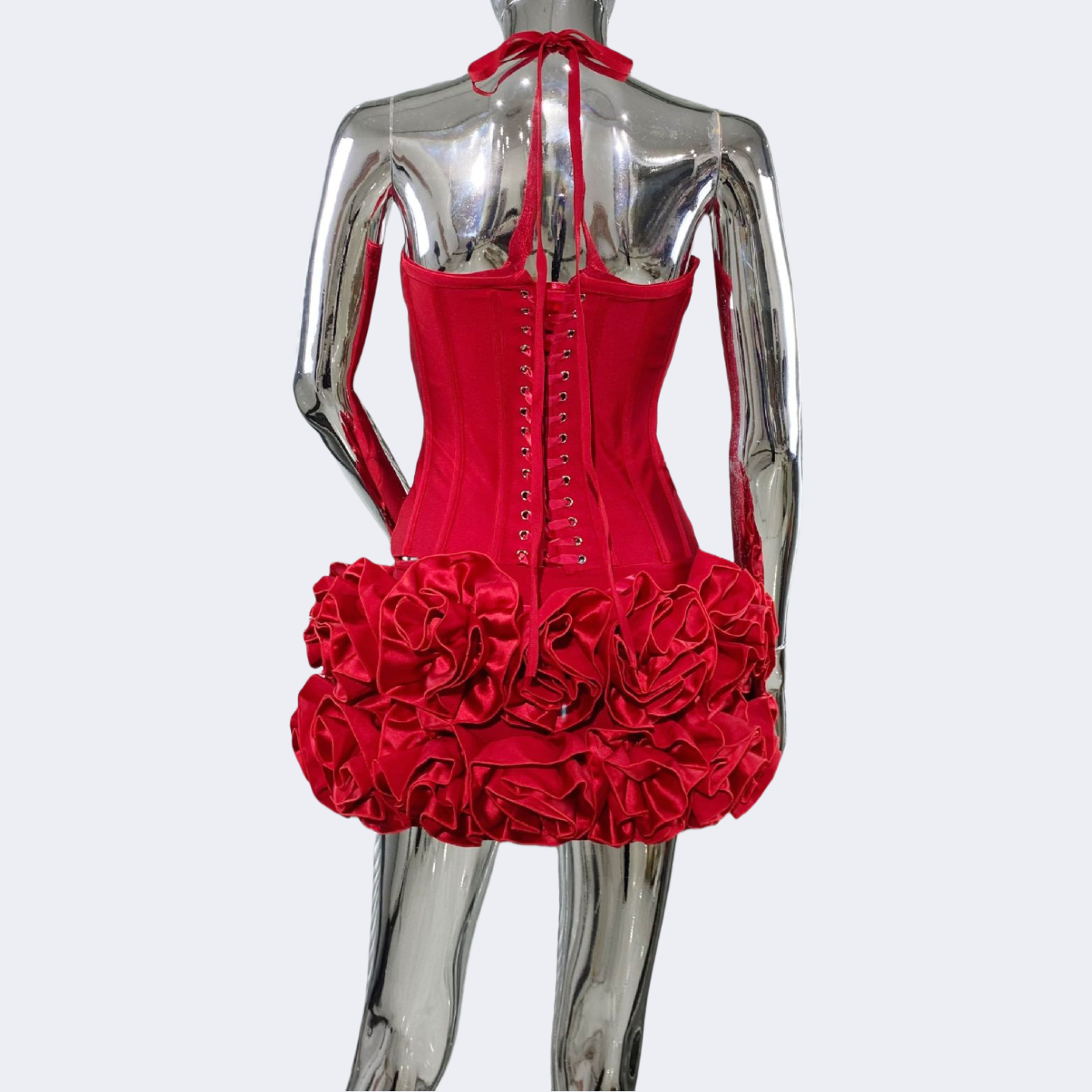 Two Piece Halter Corset and 3D Floral Mini Skirt Set