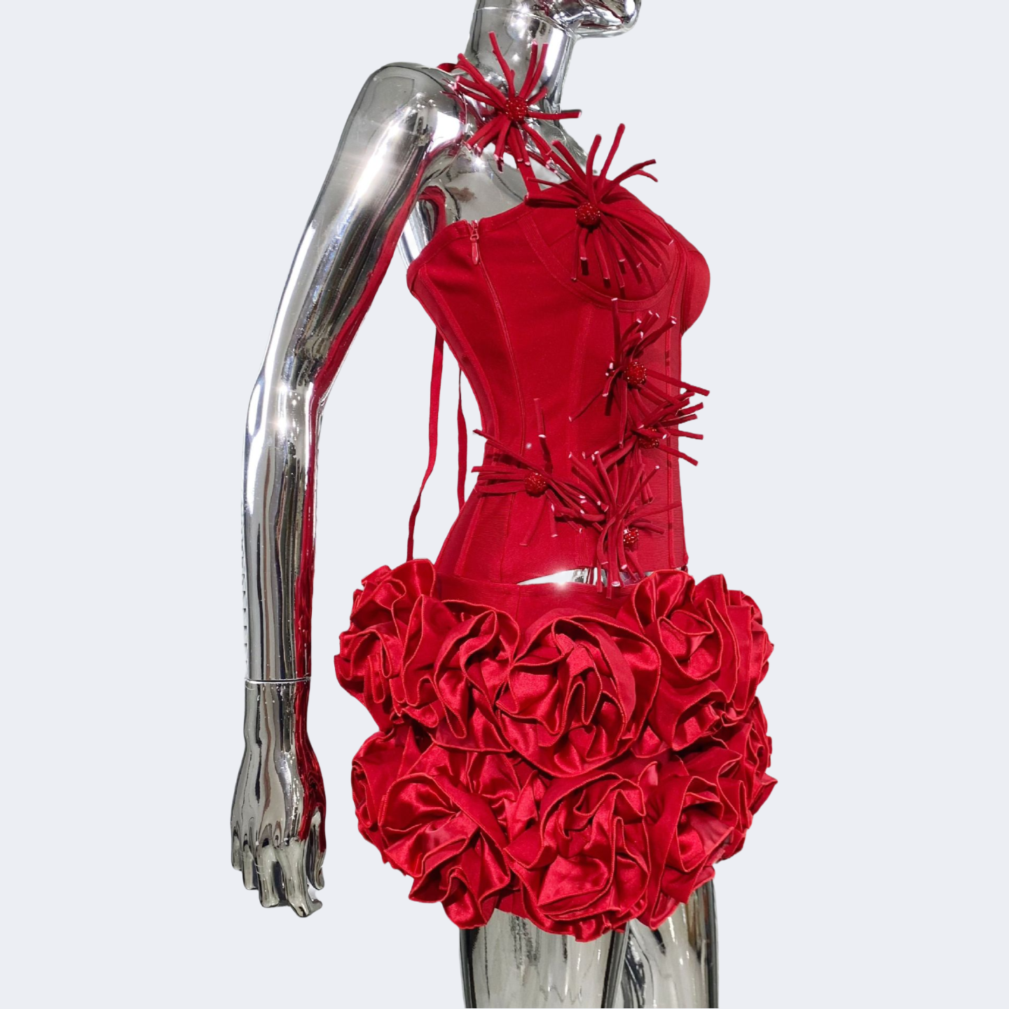 Two Piece Halter Corset and 3D Floral Mini Skirt Set