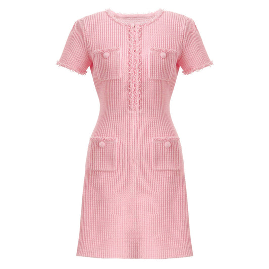 Knitted Beaded Tweed Mini Dress With Pearl
