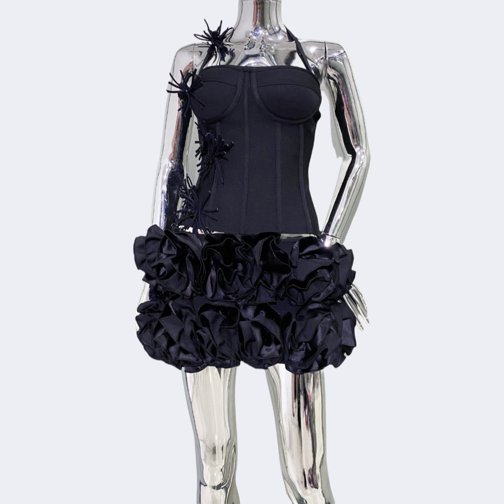 Two Piece Halter Corset and 3D Floral Mini Skirt Set