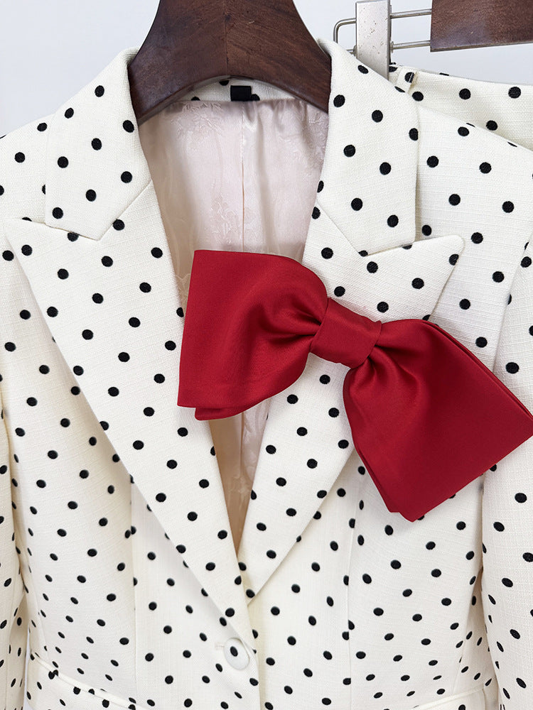 Custom Black White Polka Dot Suit Set Red Bow Blazer and Cuffed Pants Formal Party Office Wear Outfit Suits for Women