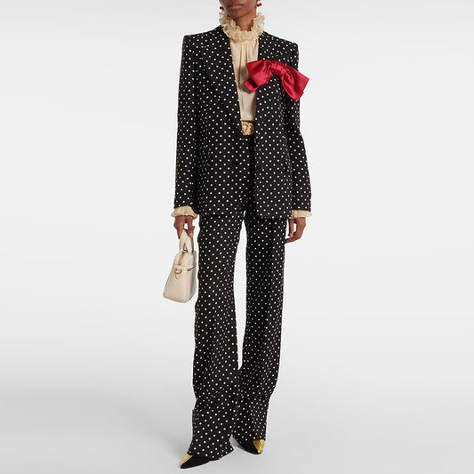 Custom Black White Polka Dot Suit Set Red Bow Blazer and Cuffed Pants Formal Party Office Wear Outfit Suits for Women