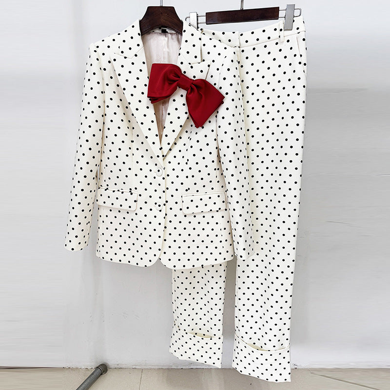 Custom Black White Polka Dot Suit Set Red Bow Blazer and Cuffed Pants Formal Party Office Wear Outfit Suits for Women