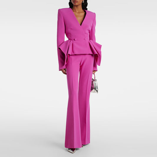 Elegant Fuchsia Women Formal Set Double Breasted Ruffle Blazer Wide Leg Pants Two Piece Blazer Suit for Evening Parties