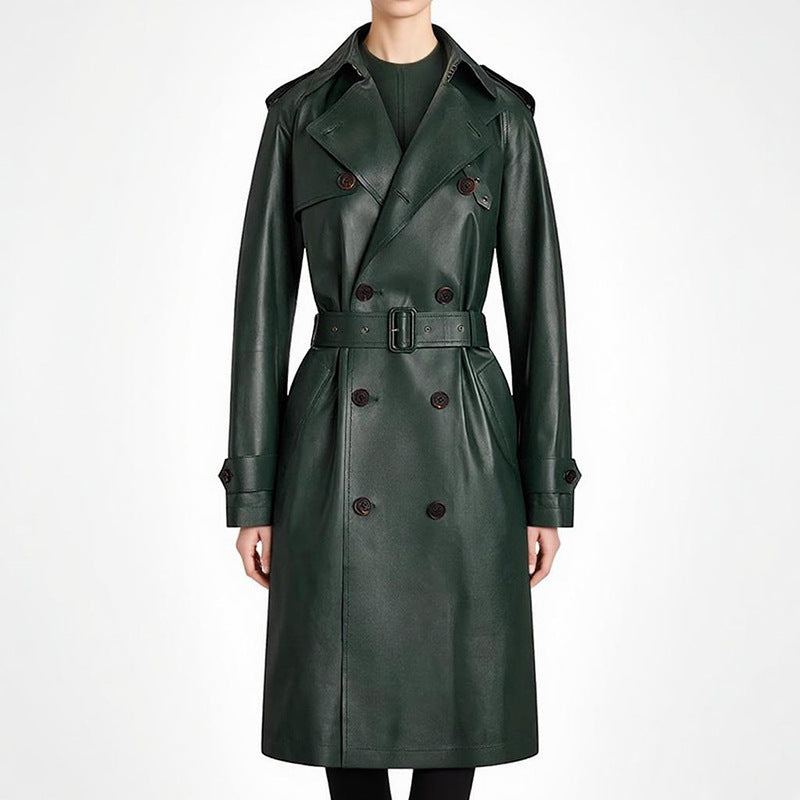 Green PU Leather Trench Coat Long Double Breasted Belted Leather Jacket