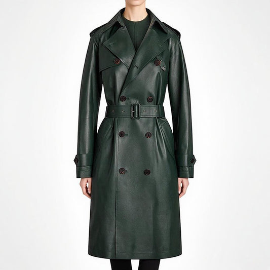 Green PU Leather Trench Coat Long Double Breasted Belted Leather Jacket