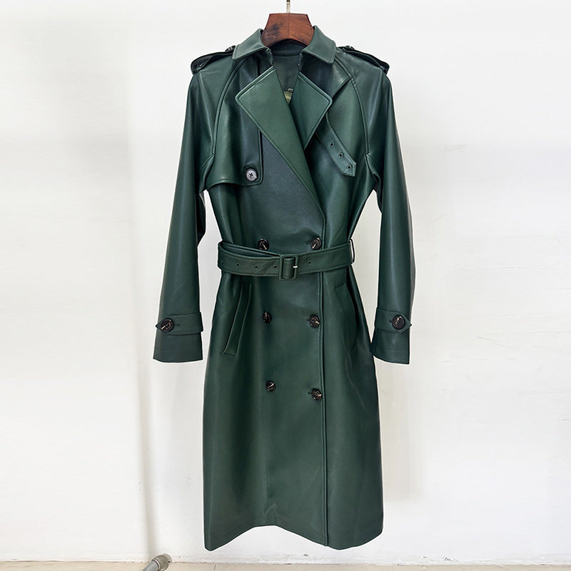 Green PU Leather Trench Coat Long Double Breasted Belted Leather Jacket